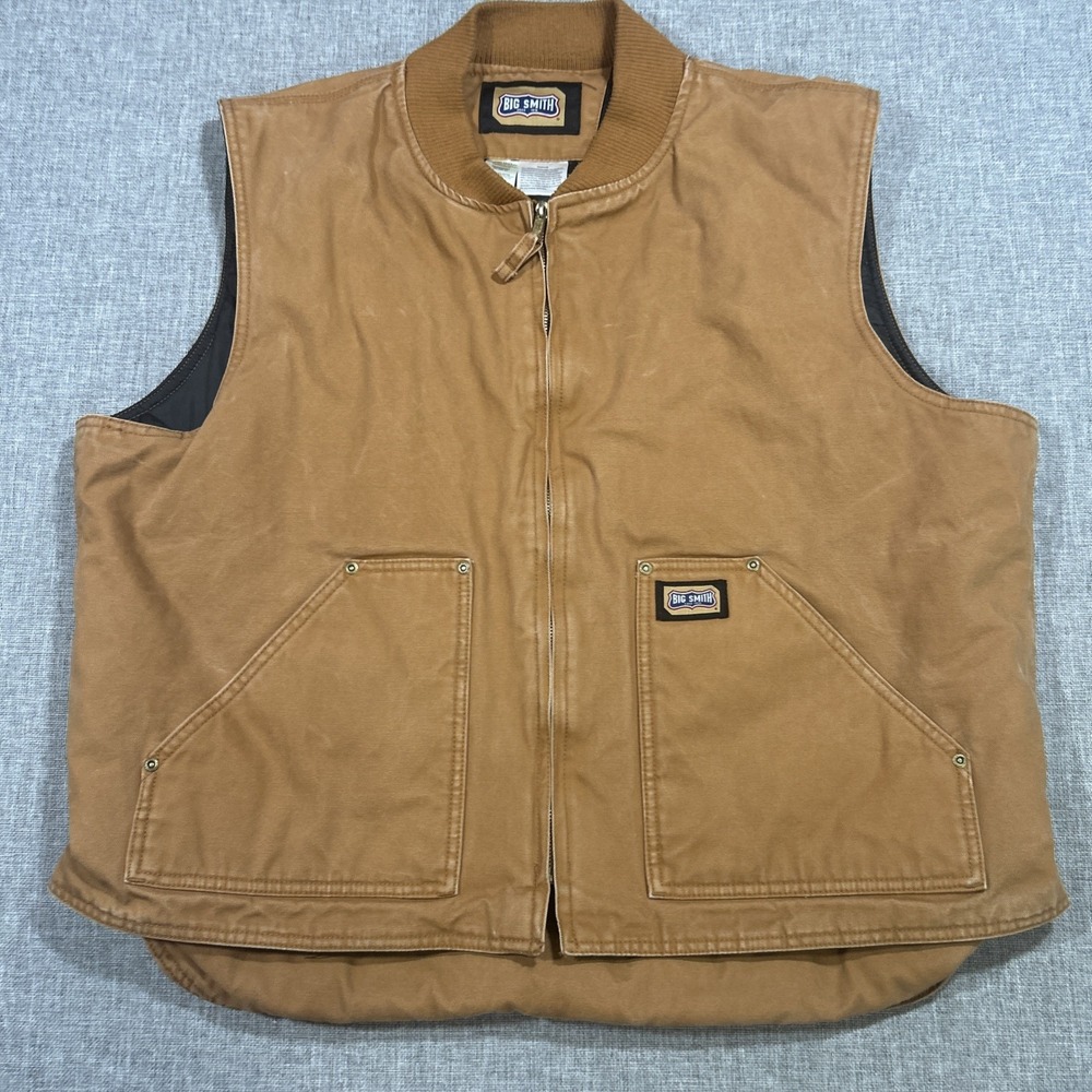 Vintage Big Smith Mens Workwear 2XL Vest Duck Canvas Beige Zip Pockets Insulated